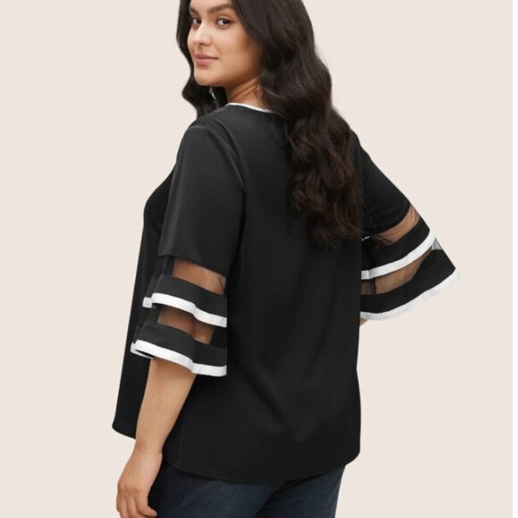 BloomChic Plus Size  Contrast Patchwork Mesh Bell Sleeve Blouse - Picture 2 of 7